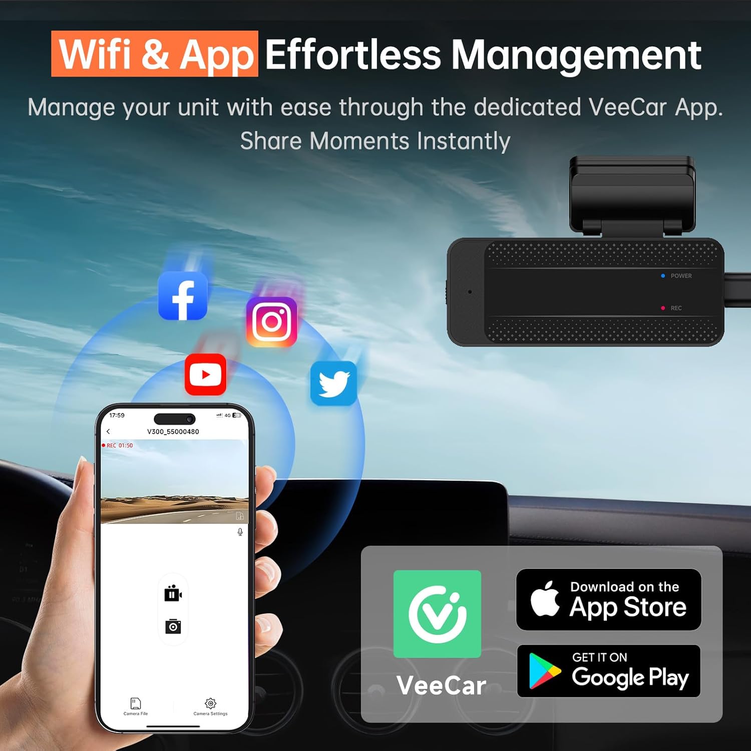 Veement V300 1296P WiFi Dash Camera for Cars with Night Vision F2089