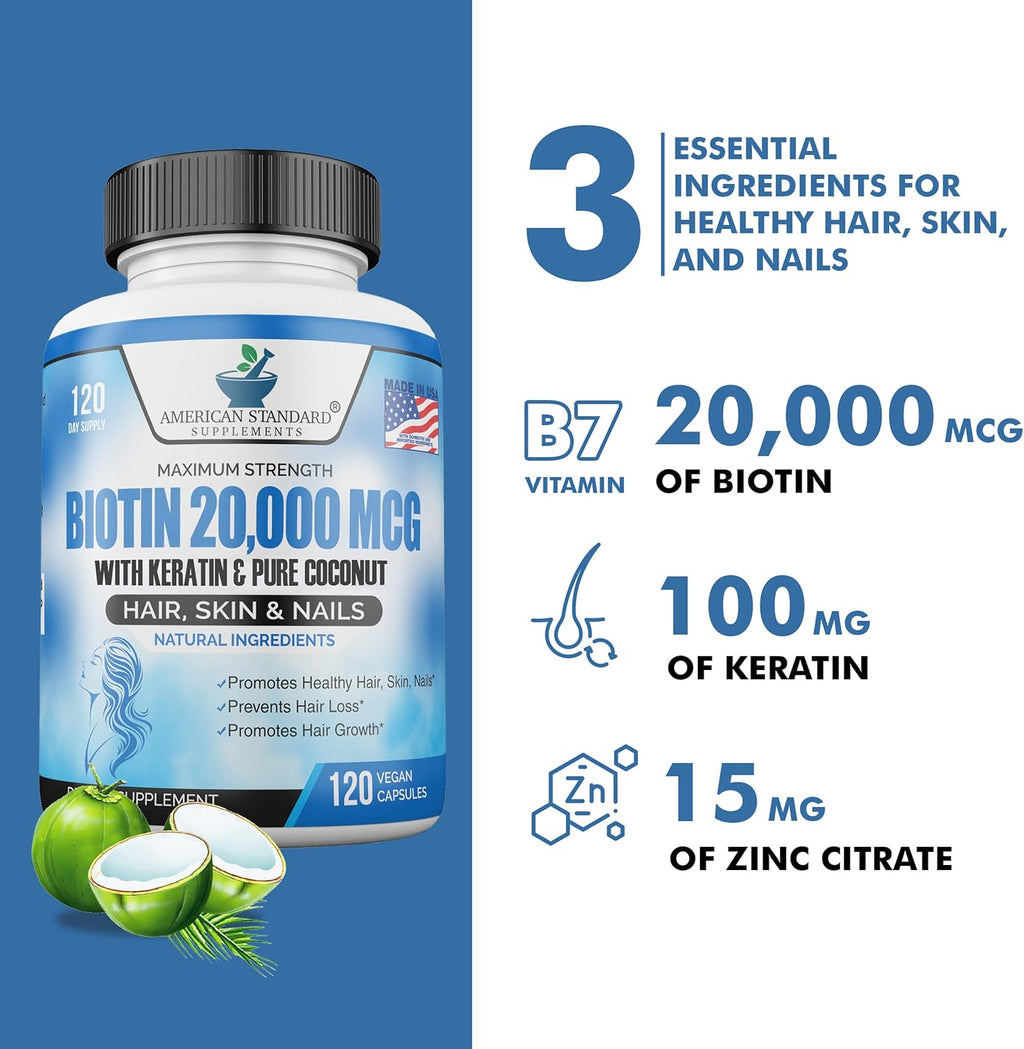Biotin 20,000mcg with Keratin, Coconut & Zinc, Hair Growth Supplements, 120 Vegan Capsules Y995559