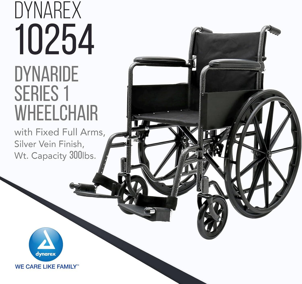 Dynarex DynaRide Series 1 Wheelchair with Fixed Full Arms, Lightweight, Foldable, 300 lbs Capacity F354814