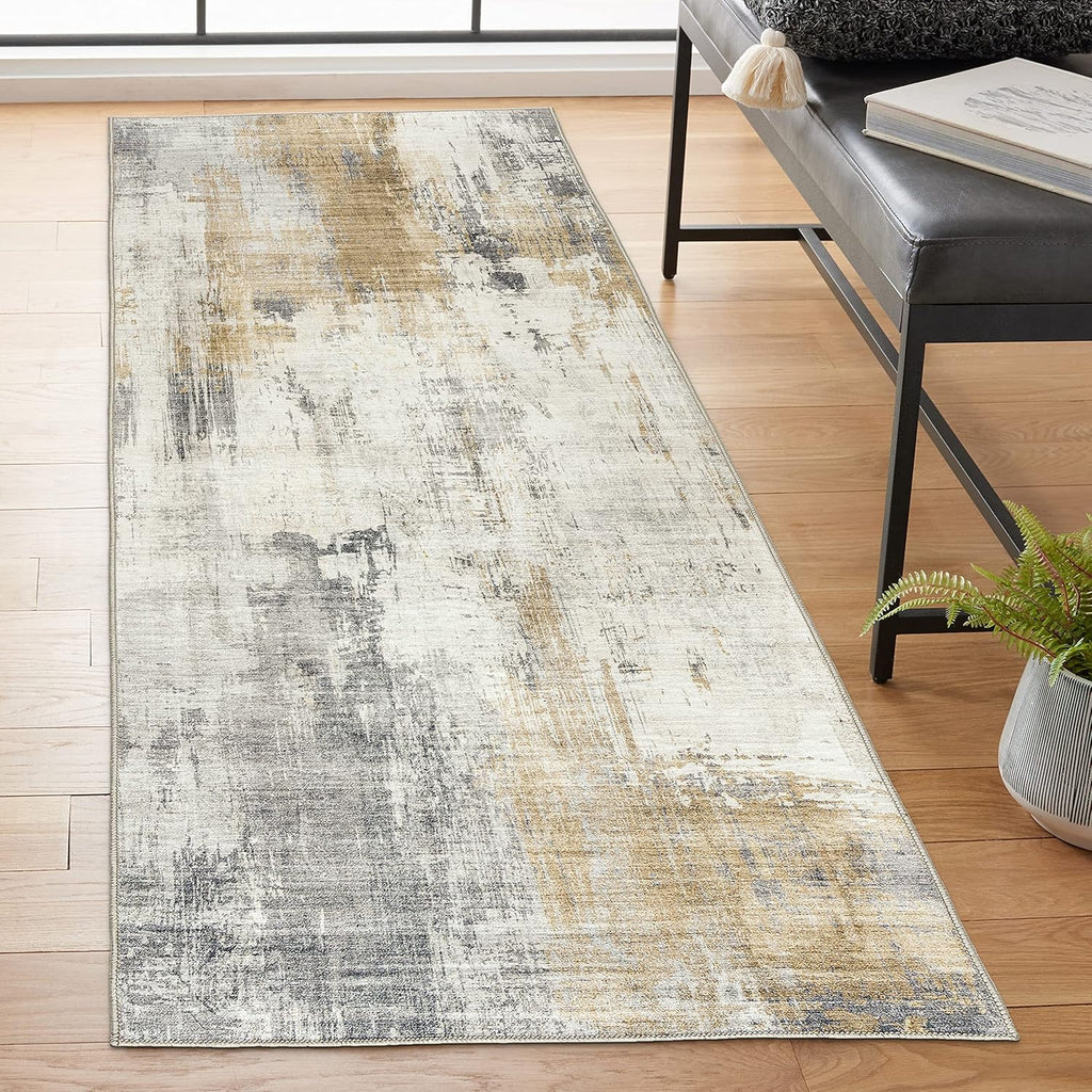ReaLife Machine Washable Area Rug Runner - Living Room Bedroom Bathroom Kitchen Entryway Office - Padded Low Pile Stain Resistant Premium - Modern Abstract Contemporary - Quinn - Beige 2'6" x 6'
