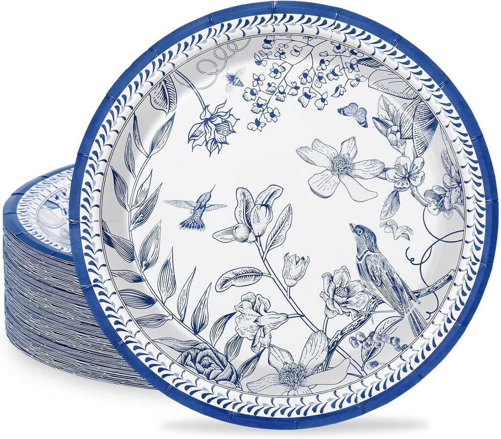 AnyDesign 24Pcs Blue White Paper Plates 9 Inch Vintage Flower Bird Design Disposable Plates Spring Floral Decorative Dinner Plates for Birthday Baby Shower Wedding Party Table Decor