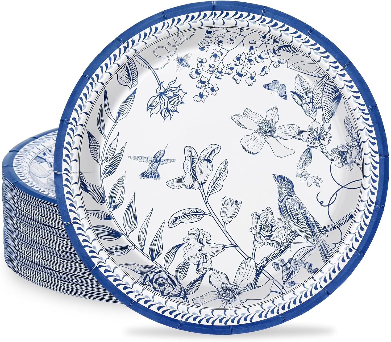 AnyDesign 24Pcs Blue White Paper Plates 9 Inch Vintage Flower Bird Design Disposable Plates Spring Floral Decorative Dinner Plates for Birthday Baby Shower Wedding Party Table Decor