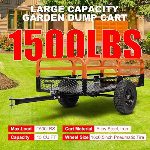 Heavy Duty Steel Dump Cart Utility Trailer 1600LB Capacity for ATV Lawn Tractor B543