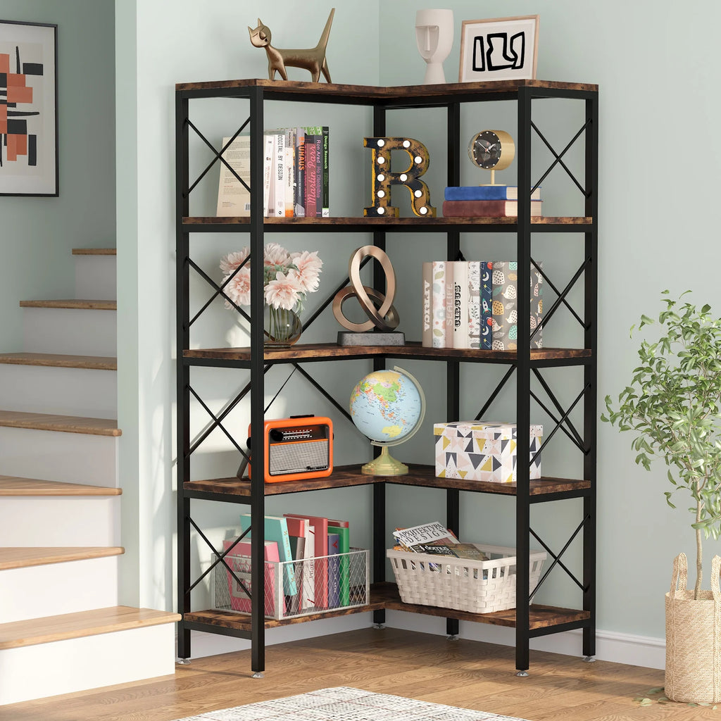 Tribesigns 5-Tier Corner Bookshelf, Tall Open Display Rack, Rustic Brown W18856