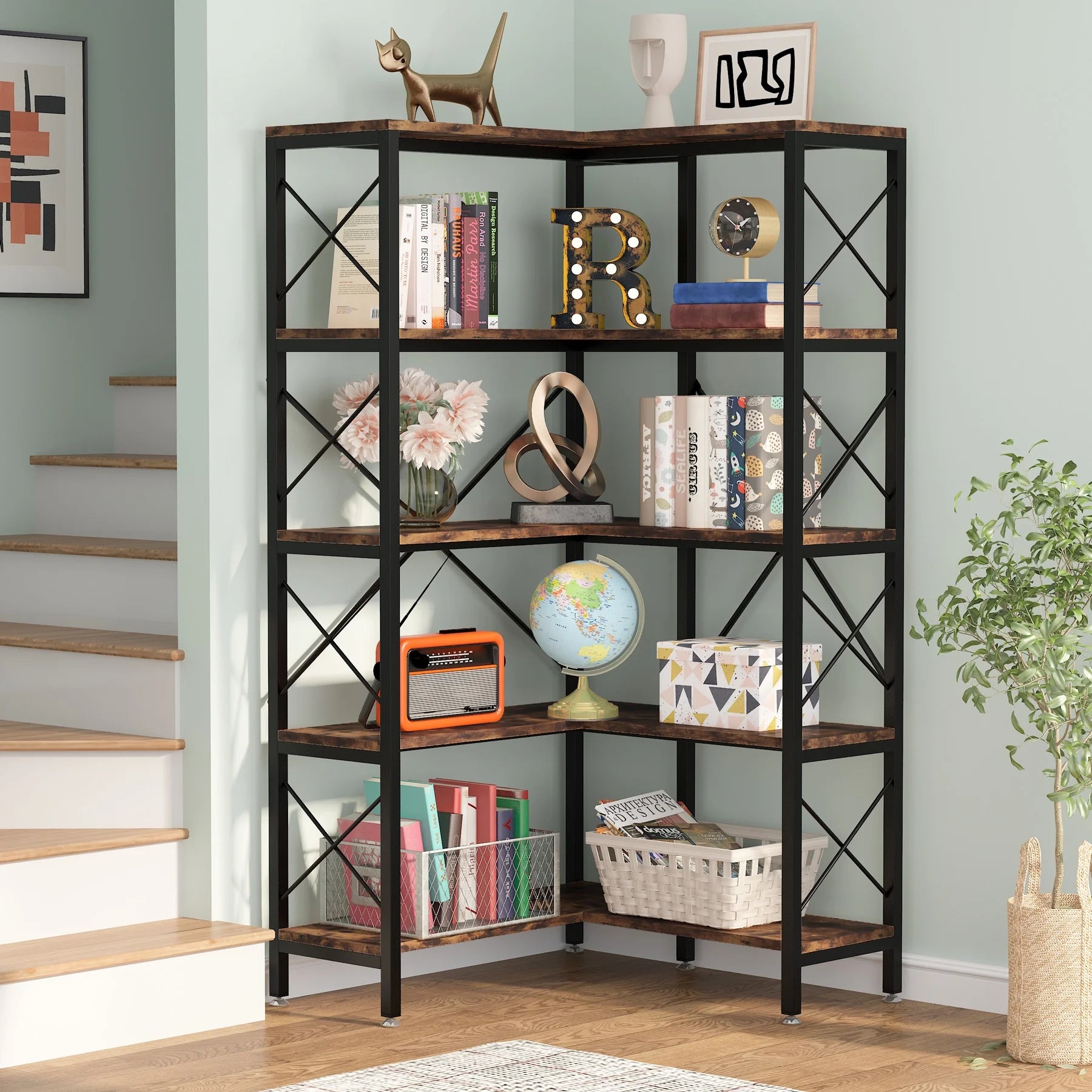 Tribesigns 5-Tier Corner Bookshelf, Tall Open Display Rack, Rustic Brown W18856