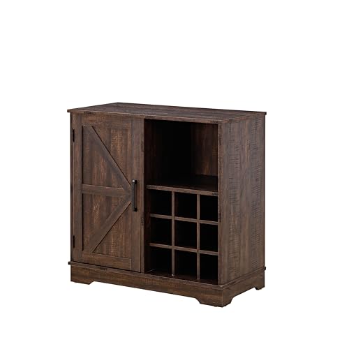 Dolonm Farmhouse Coffee Bar Cabinet with Wine Rack and Barn Door, Gray Wash Y4648