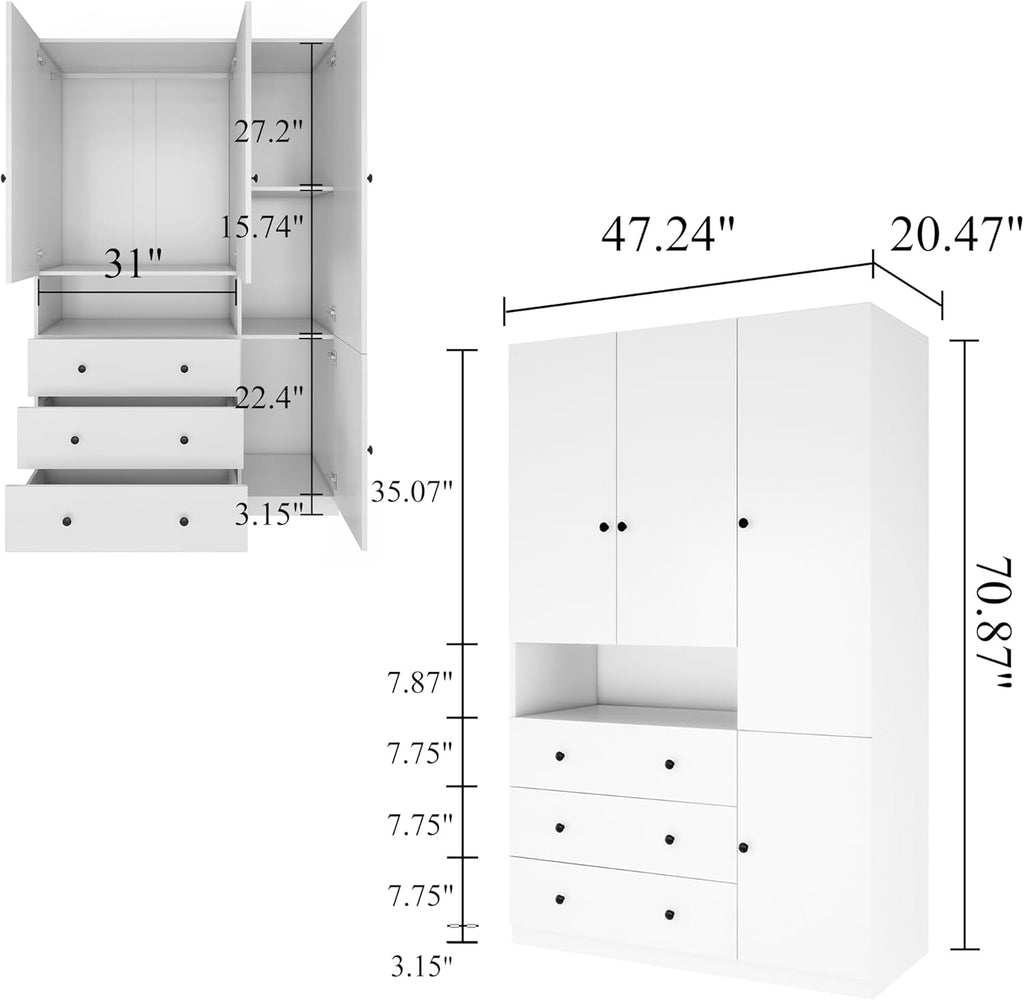 3-Door Armoire Wardrobe Closet with 3 Drawers, White S424