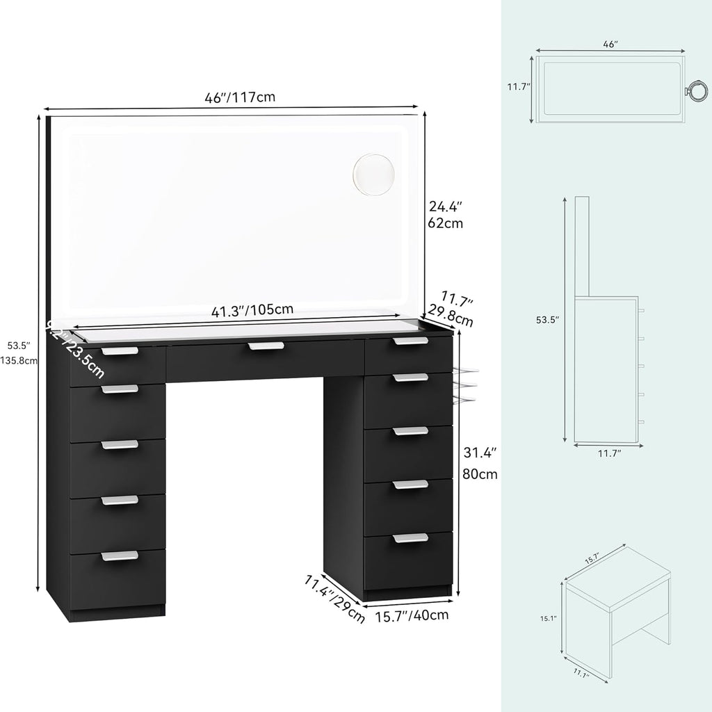 YITAHOME Vanity Desk with LED Mirror and Charging Station, Black U228264