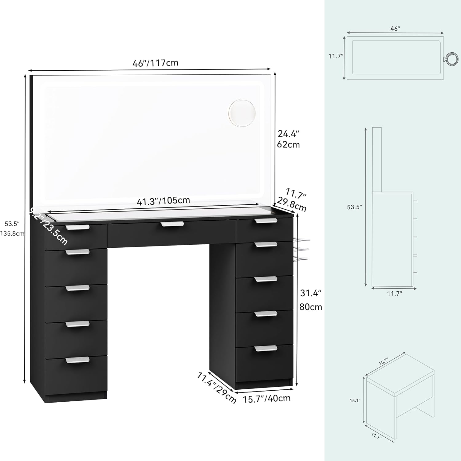 YITAHOME Vanity Desk with LED Mirror and Charging Station, Black U228264