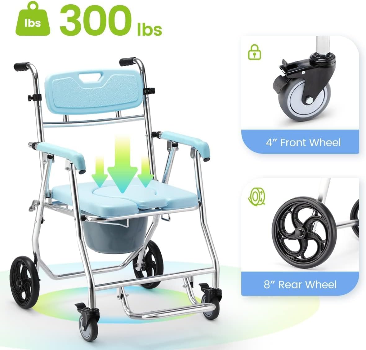 OasisSpace Stand Alone Toilet Safety Rail and Folding Shower Commode Wheelchair E333060