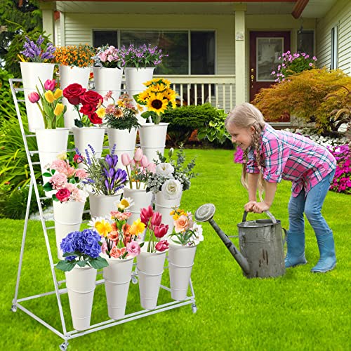 3 Layer Metal Flower Display Stand with White Buckets J638089
