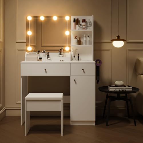 Vanity Desk with Mirror and Lights, Dimmable LED Makeup Table with Drawers and Stool, White K410427