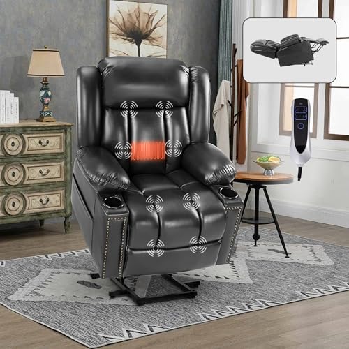 Small Dual Motor Power Lift Chairs Recliners for Elderly with Heat and Massage, Infinite Position Adjustable Lift Chair, Breathable Leather, USB Port, Side Pockets (Black)
