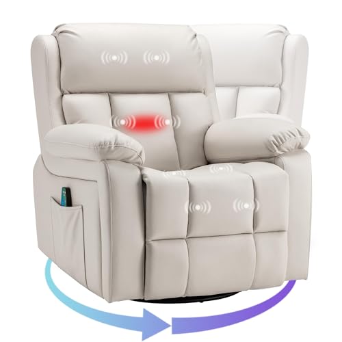 GYUTEI Massage Recliner Chair with Heated, 360 Degree Swivel Rocking Recliner Chair for Adults, Microfiber Cloth Lazy Boy Recliner with Side Storage Bag for Living Room, Bedroom, Nursery (Beige)