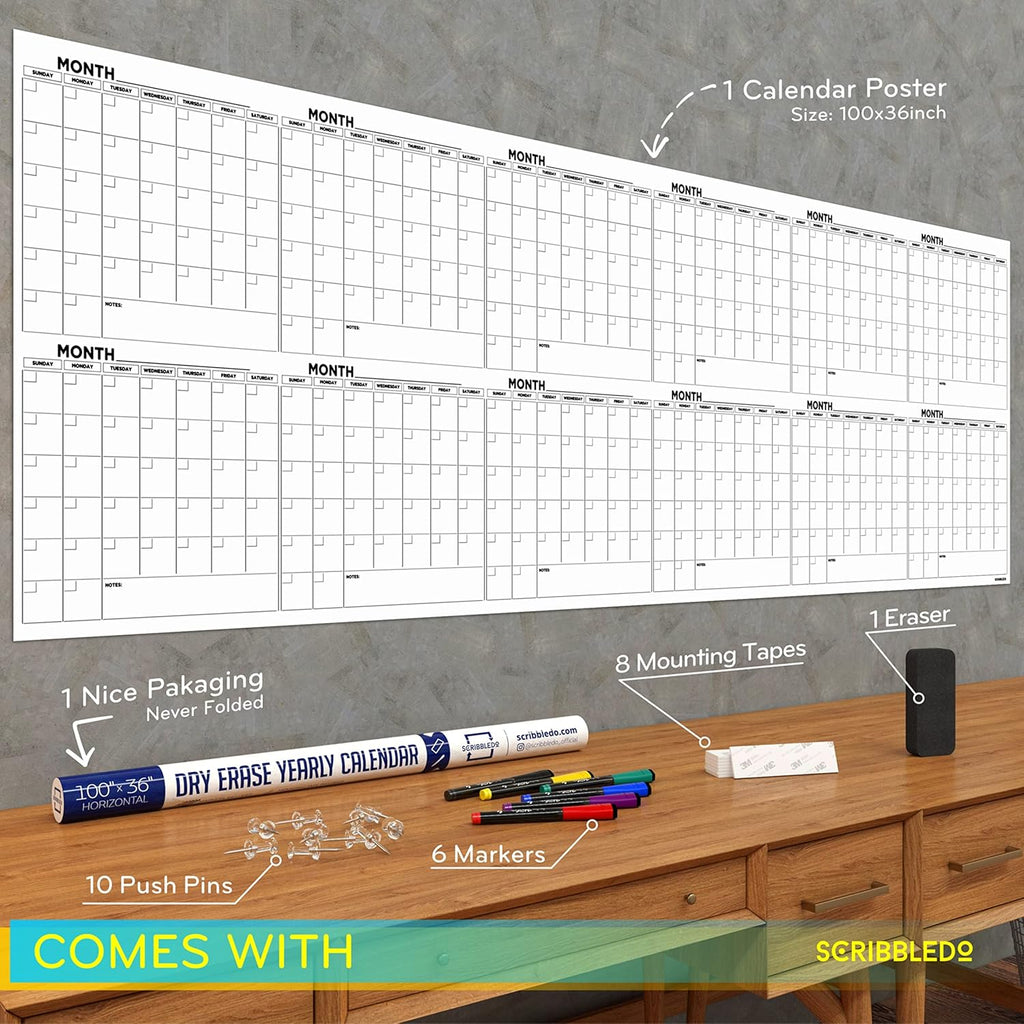 Extra Large 100"x36" White Board Calendar Dry Erase for Wall 12 Month Planner G55197