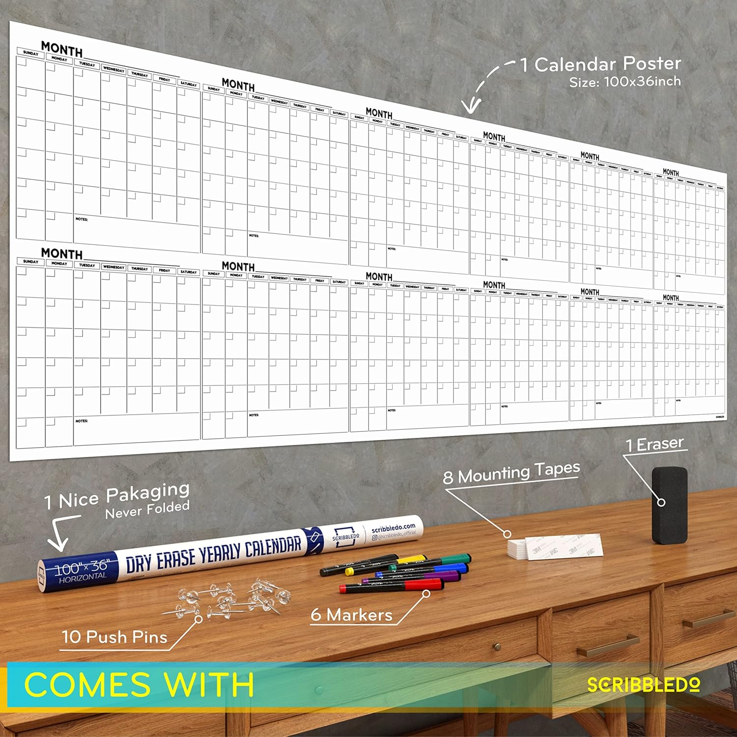 Extra Large 100"x36" White Board Calendar Dry Erase for Wall 12 Month Planner G55197