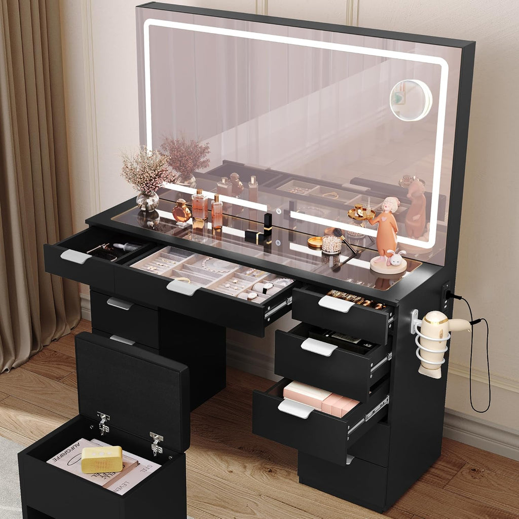YITAHOME Vanity Desk with LED Mirror and Charging Station, Black U228264