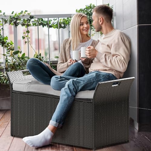 YITAHOME 90 Gallon Outdoor Wicker Storage Bench with Cushion, Black & Beige K940826