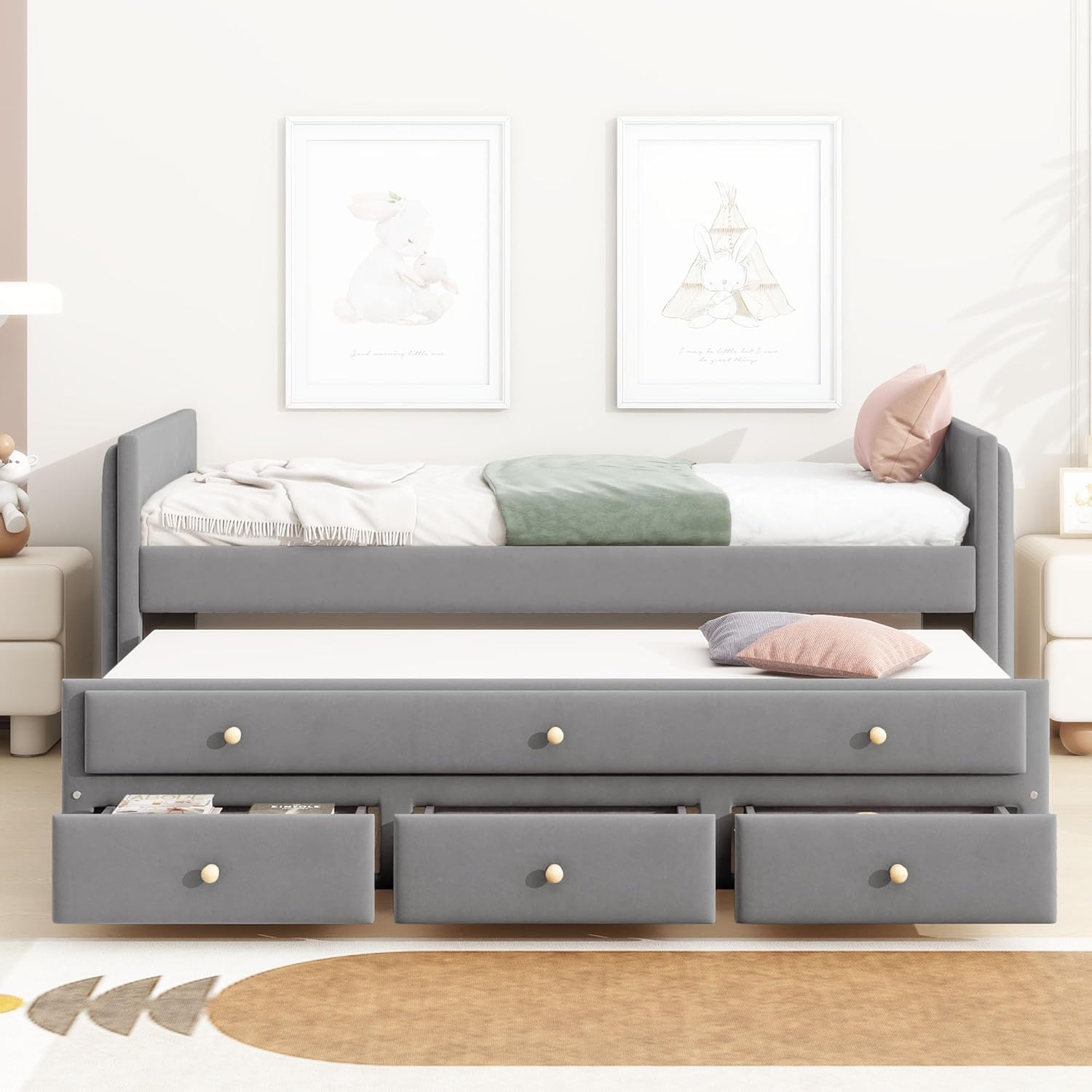 Twin Size Velvet Upholstered Daybed with Trundle and Storage Drawers, Gray N60786