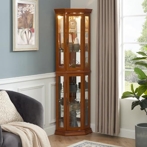 Suteck Corner Curio Cabinet with Lights, Tempered Glass Shelves, Cherry I643