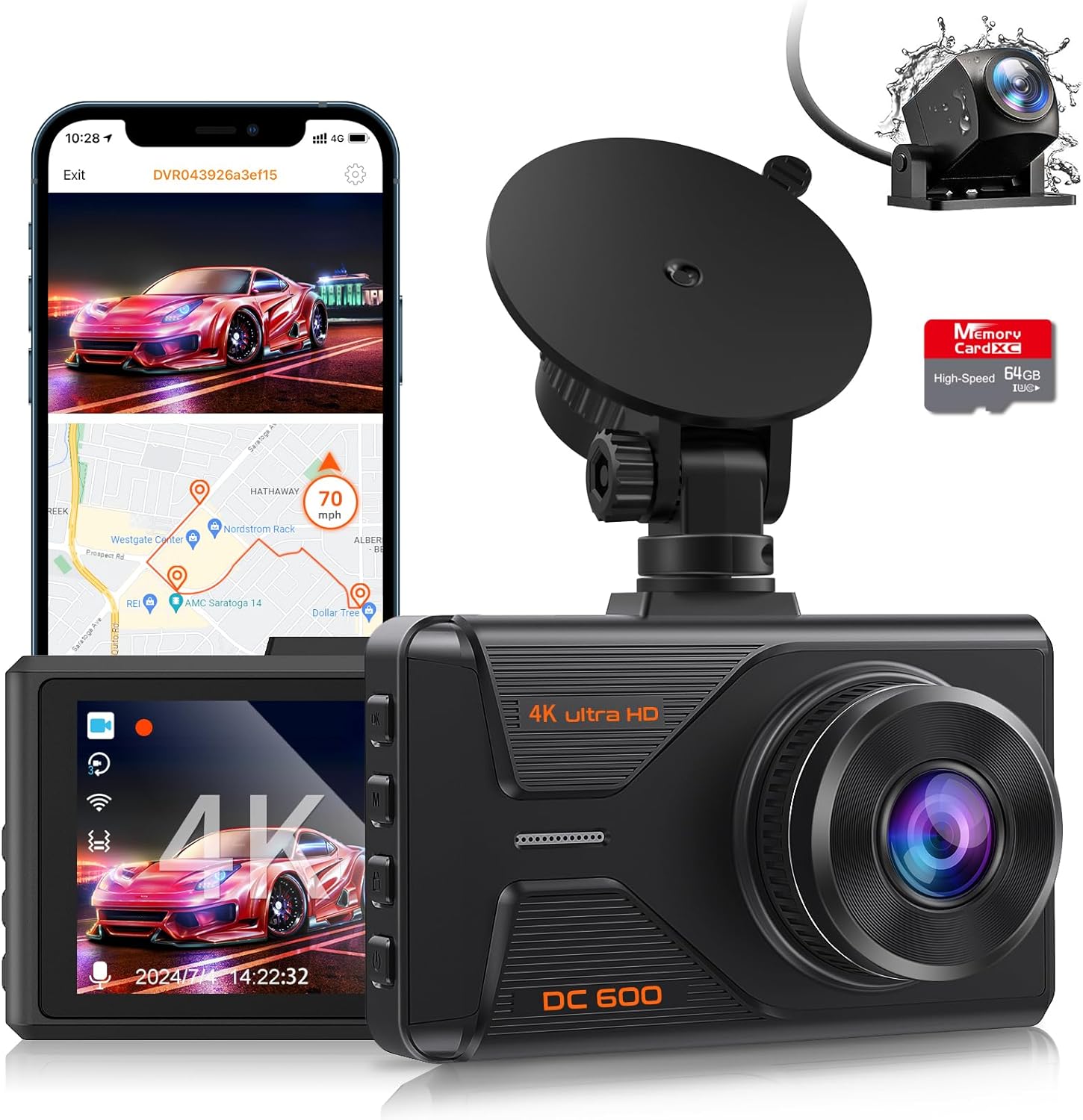 SPADE Dash Cam Front and Rear, 4K+1080P WiFi GPS Dash Camera for Cars with 64G SD Card, Voice Control Wide Angle Dashcam Front and Rear Camera 24H Parking Mode, WDR Night Vision, G-Sensor