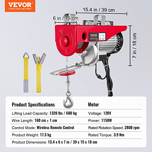 VEVOR Electric Hoist 1320LBS Wireless Remote J63986
