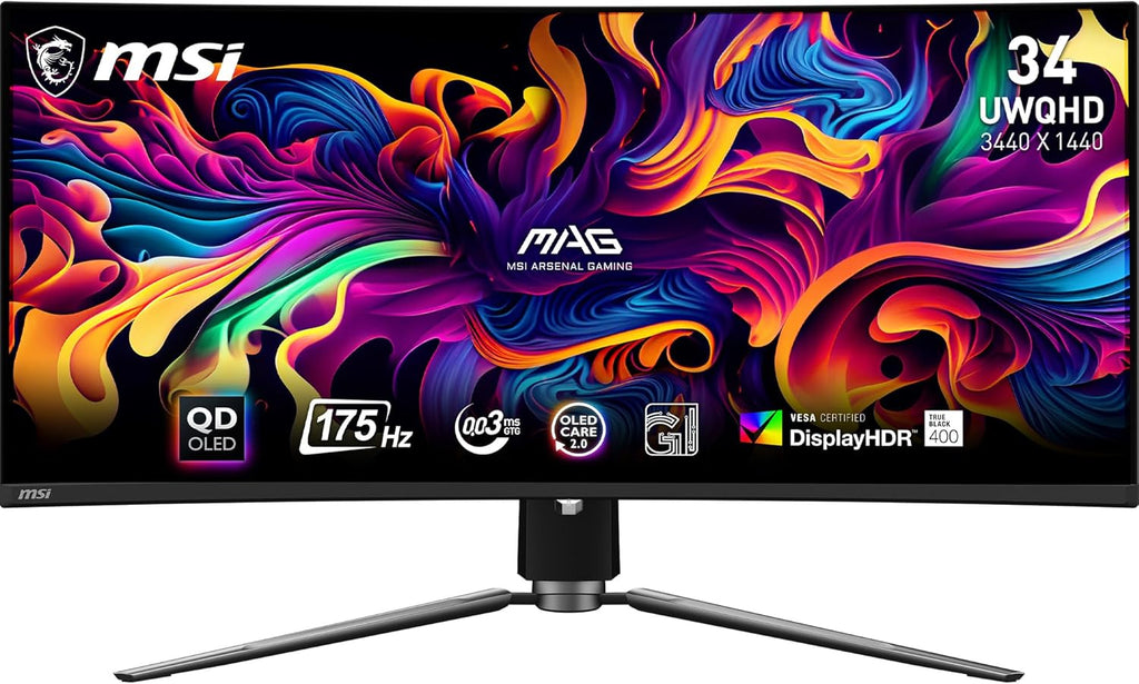 MSI MAG341CQP QD-OLED, 34 Curved OLED Gaming Monitor, 3440 x 1440 (UWQHD), OLED 0.03ms Response time, 175Hz, True Black HDR 400, HDMI, DP Port, USB Type C, Tilt, Height,Black