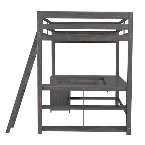 Harper & Bright Designs Full Size Loft Bed with Desk and Bookshelf, Solid Wood, White Y879