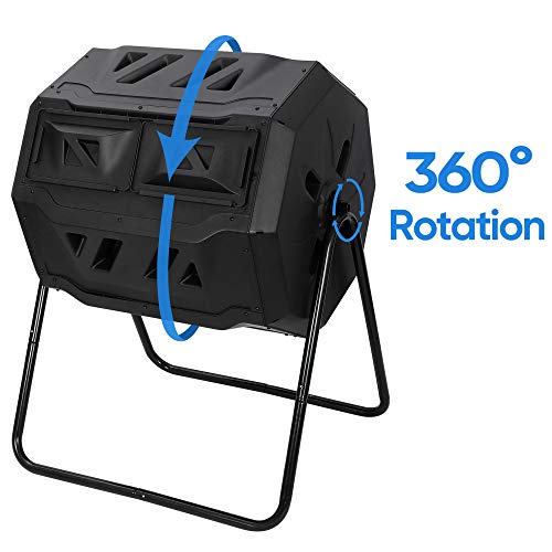 Outdoor Compost Bin Dual Chamber Tumbling 43 Gallon with Steel Frame, Black H3213