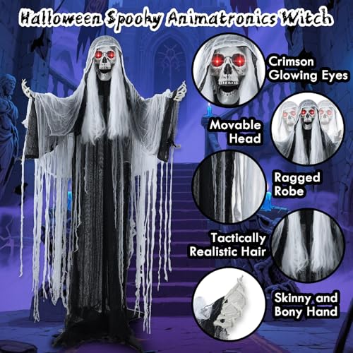 LETIME 5 FT Witch Animatronic Halloween Decorations with Sound Activation and Glowing Red Eyes G158