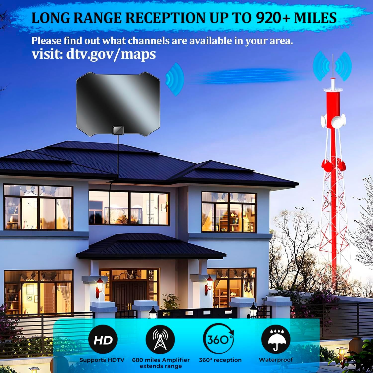 TV Antenna for Smart TV, Indoor Outdoor, Amplified HD 4K 1080p P855