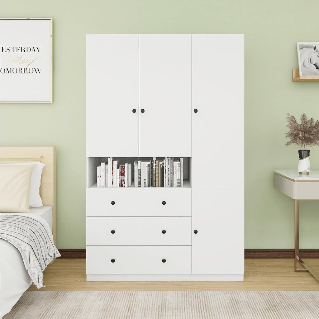 3-Door Armoire Wardrobe Closet with 3 Drawers, White S424