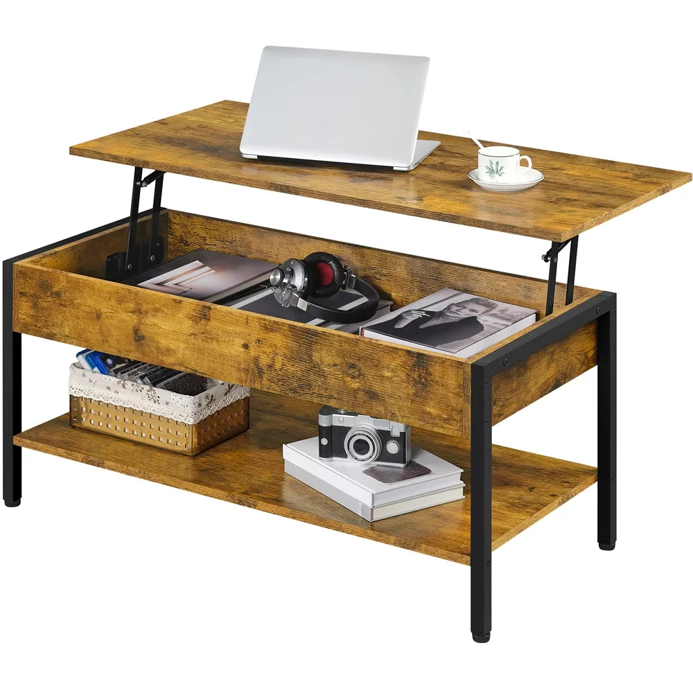 Alden Design Wood Lift Top Coffee Table with Hidden Compartment for Home, Rustic Brown