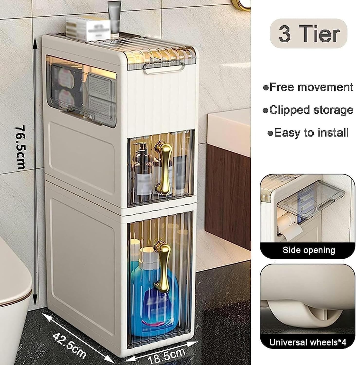 Bathroom Narrow Floor Storage Cabinet with Drawers and Wheels X788