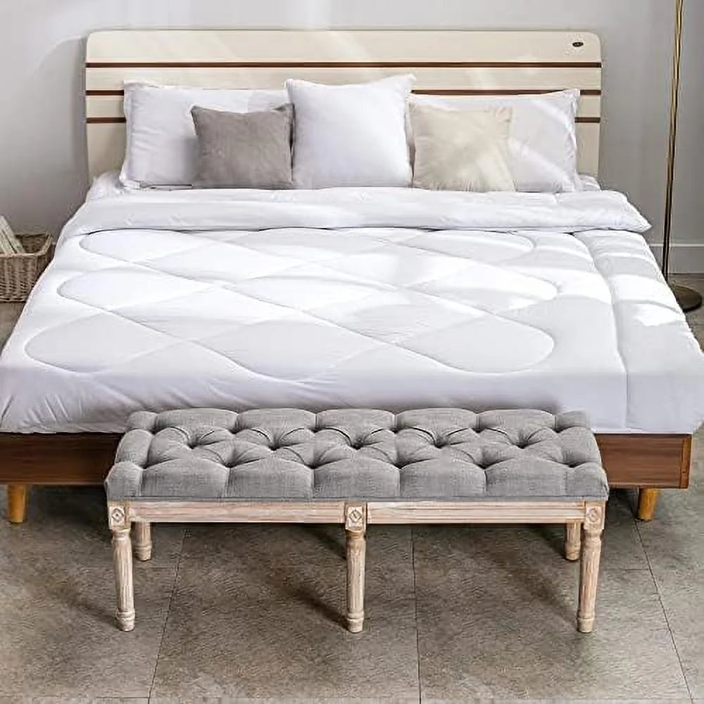 Grey Fabric Entryway Bench with Button Tufted Seat and Wood Legs G1644