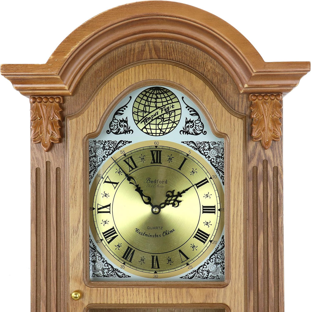 Bedford Clock Collection Honey Oak Chiming Pendulum Wall Clock C595