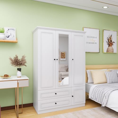 Wooden Armoire Wardrobe Closet White with 4 Doors and Mirror C951