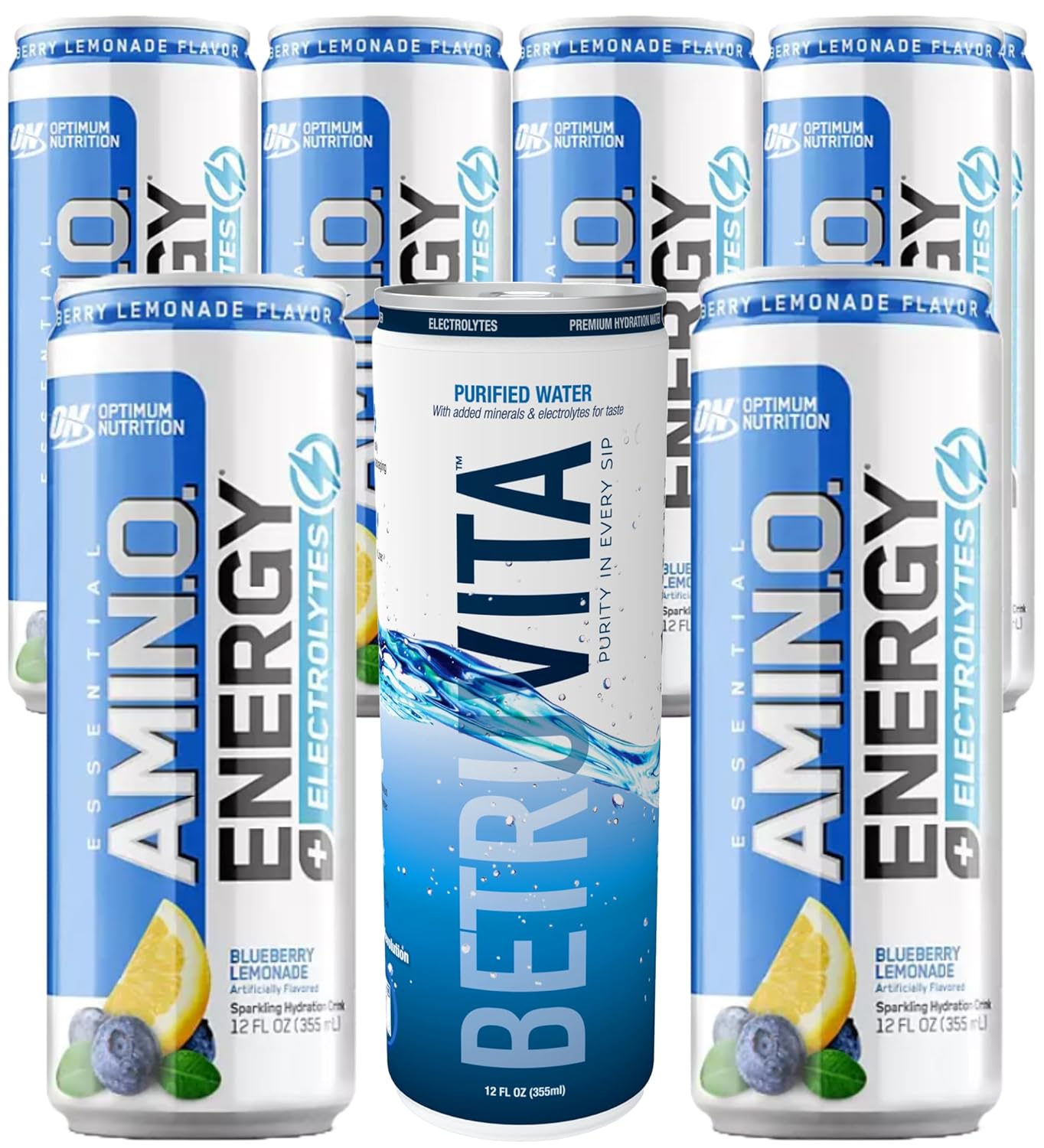 Optimum Nutrition Essential Amino Energy + Electrolytes Sparkling Hydration Drink, Blueberry Lemonade, Pre Workout, BCAAs & Keto Friendly | 12 Fl Oz Pack of 7 | Packaged with One Can of Water to Help you Stay Hydrated - Limited Edition
