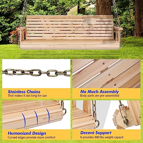 VINGLI Patio Wooden Porch Swing Chair with Hanging Chains, 5 FT, White W381253