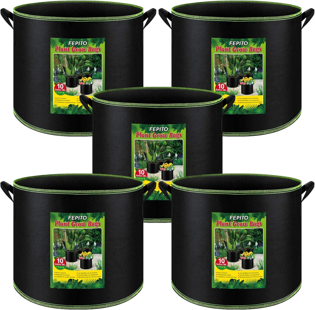 FEPITO 5 Pack 10 Gallon Grow Bags Heavy Duty Aeration Fabric Pots Plant Grow Bags with Handles Thickened Nonwoven Fabric Pots for Vegetable Fruits Flowers Plant