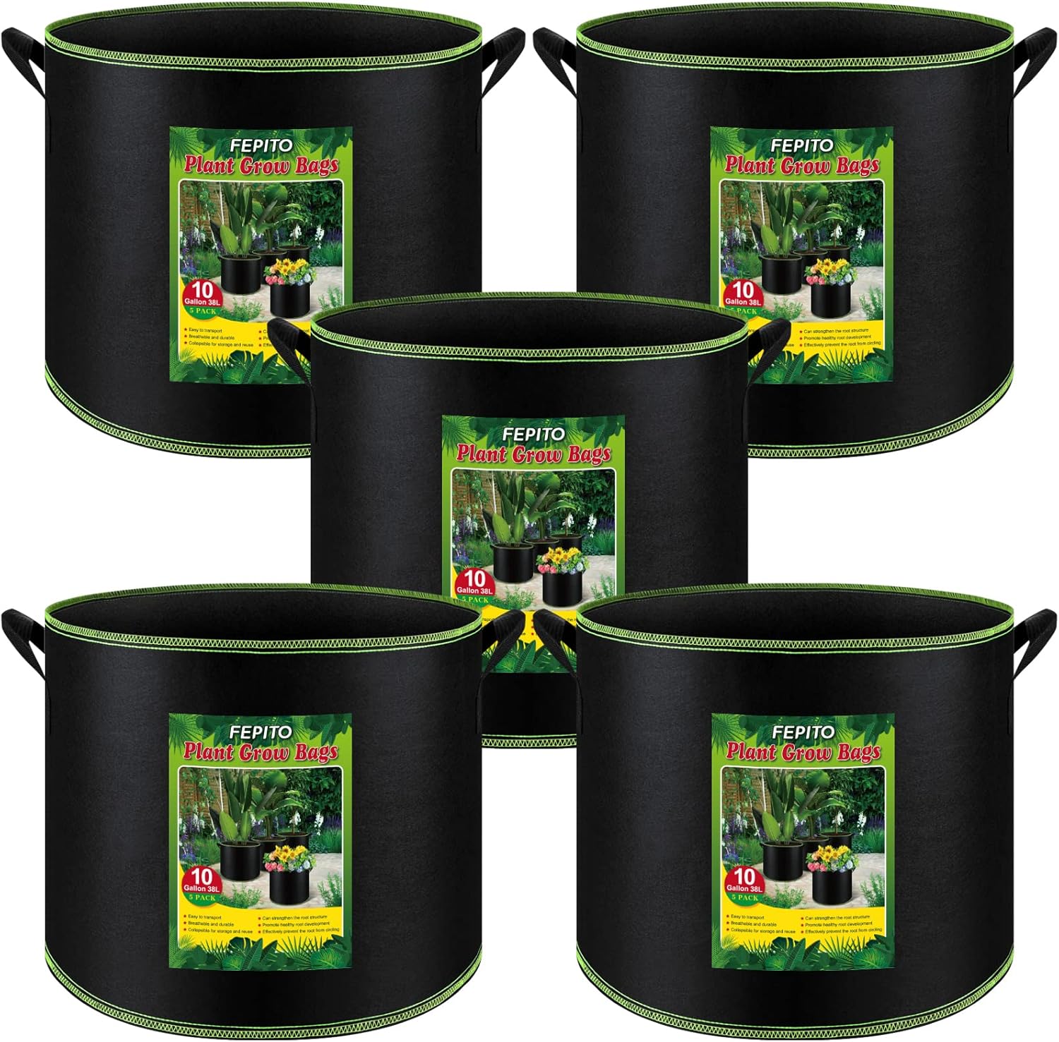 FEPITO 5 Pack 10 Gallon Grow Bags Heavy Duty Aeration Fabric Pots Plant Grow Bags with Handles Thickened Nonwoven Fabric Pots for Vegetable Fruits Flowers Plant