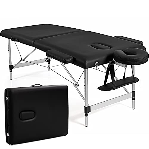 Giantex 84" Massage Table Professional Portable Lash Bed, 2 Folding Lightweight Massage Bed, Aluminum Frame, Height Adjustable, Face Cradle & Side Armrests, Salon Spa Tattoo Bed with Carry Case