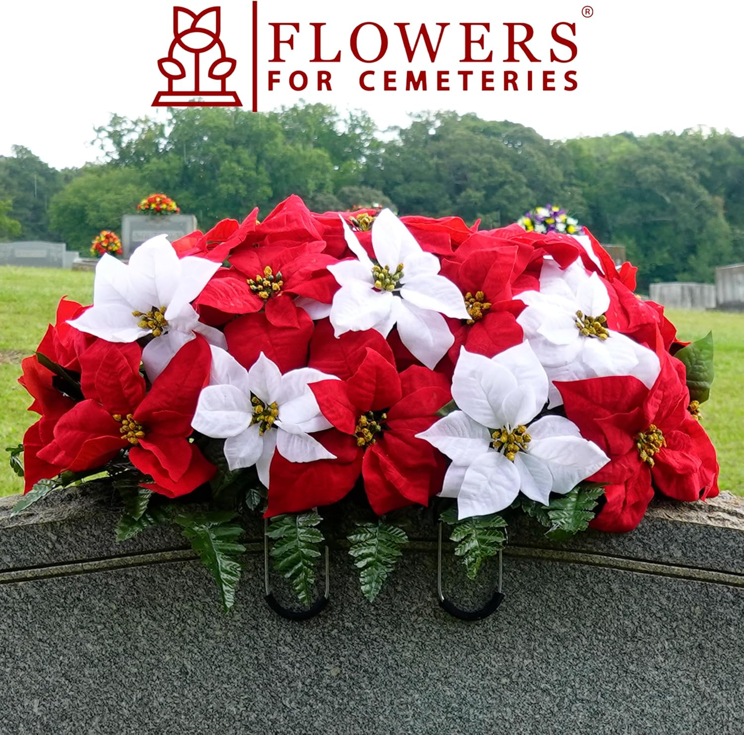 Sympathy Silks Artificial Cemetery Flowers - Red and White Poinsettias Saddle for Headstone C9631