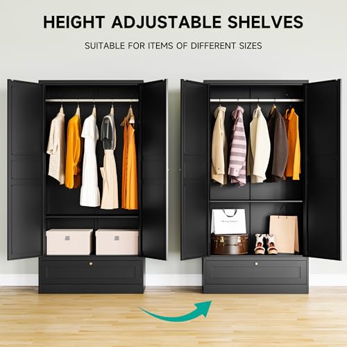Metal Wardrobe Cabinet with Doors, Adjustable Shelves and Hanging Rod, 72" M706077