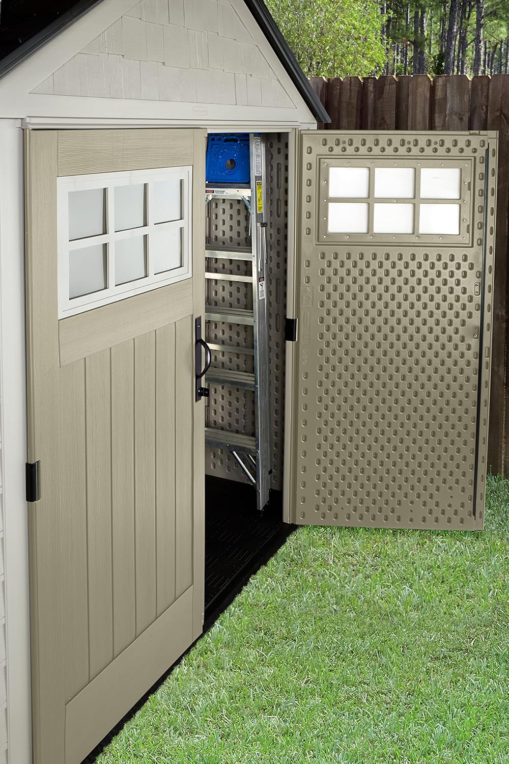 Rubbermaid Resin Outdoor Storage Shed with Floor, 7 x 7 Ft, Beige/Brown Q789479