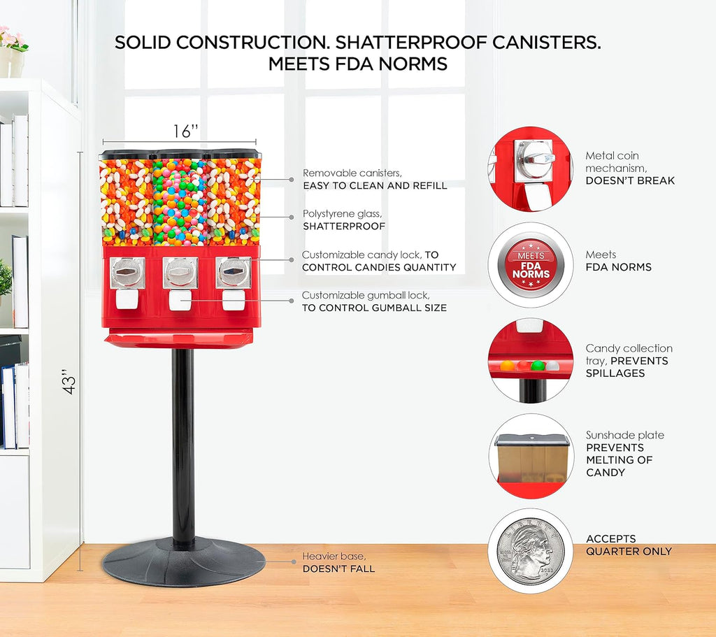 Triple Candy Vending Machine with 3 Removable Canisters and Anti-Theft Lock T38597