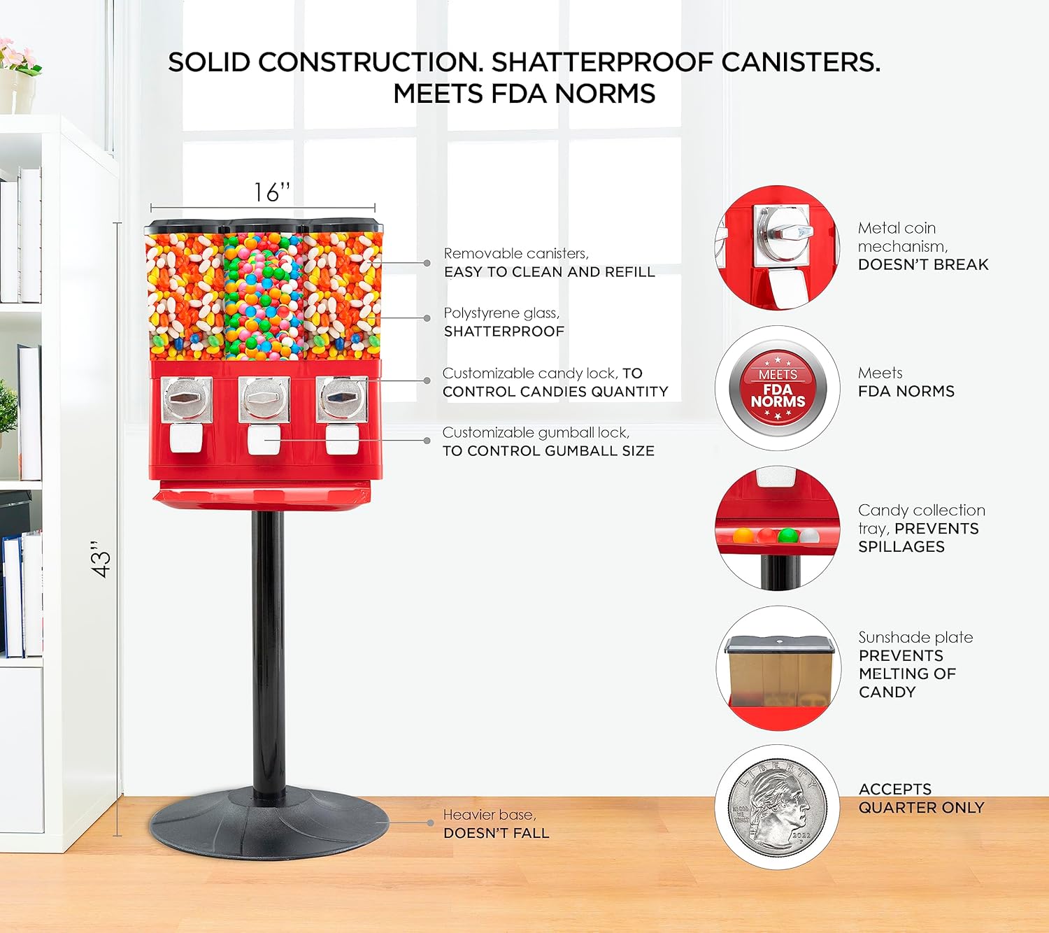 Triple Candy Vending Machine with 3 Removable Canisters and Anti-Theft Lock T38597