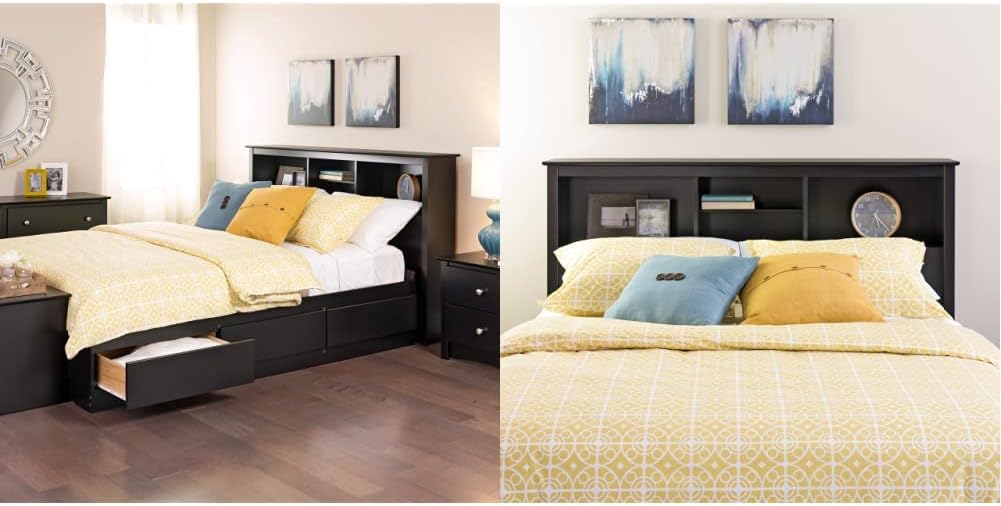 Prepac Full Mate's Platform Storage Bed with 6 Drawers, Black Freestanding Full/Queen Headboard with Bookcase