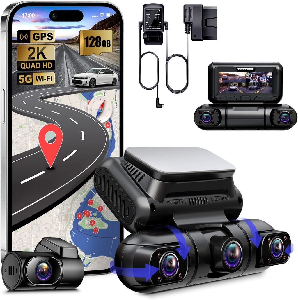 PRUVEEO Dash Cam, 4 Channel Front and Rear Inside Left Right, Microwave Radar Motion Detection Parking Mode Monitoring, Built-in GPS WiFi, Free 128GB Card, D90-4CH-RGW