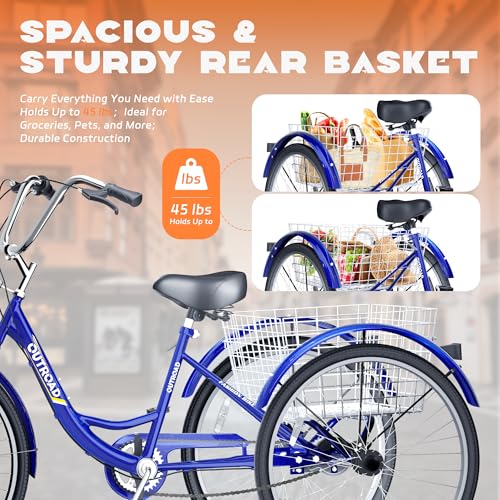 Adult Tricycle with Large Basket 24/26 Inch, 7-Speed 3-Wheel Bike I7207